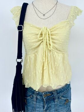 Yellow Lace Babydoll Top Tie Front Coquette Y2K Cottagecore Medium